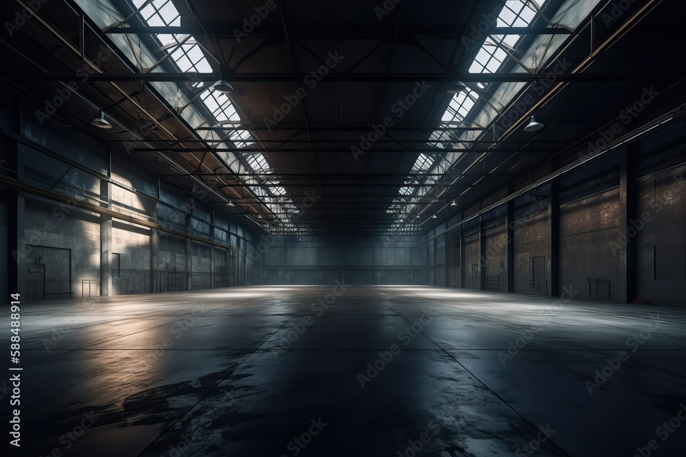 Three dimensional render of dark empty warehouse. AI generated