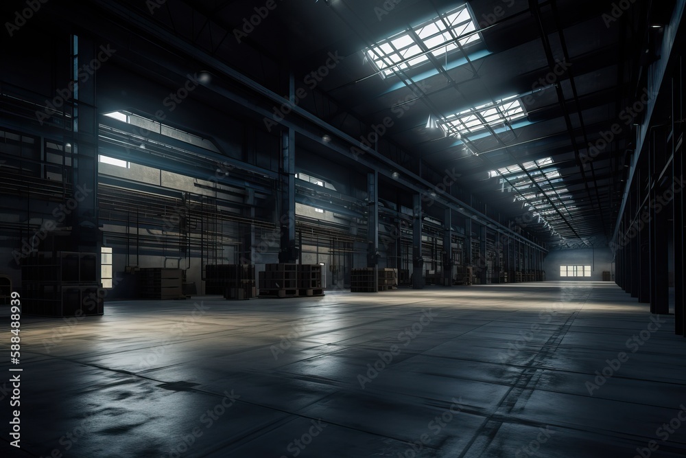 Three dimensional render of dark empty warehouse. AI generated