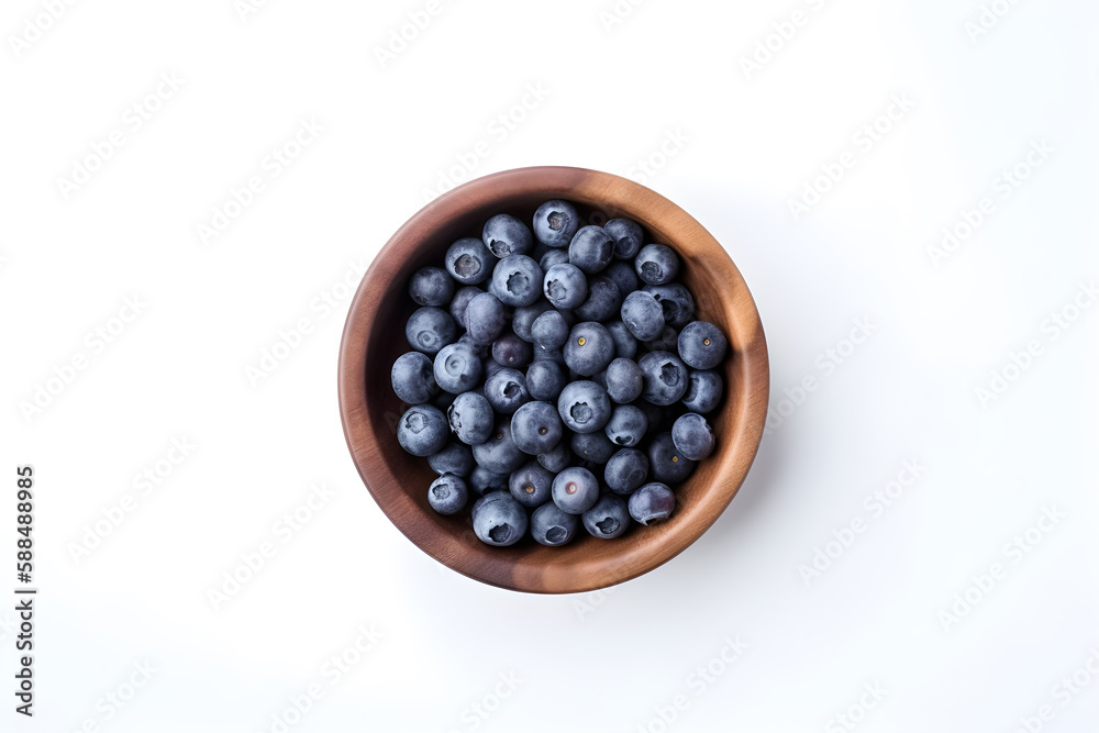 Top view wooden bowl of blueberry fruit, isolated, generative ai. Top view wooden bowl of blueberry fruit, isolated, generative ai.