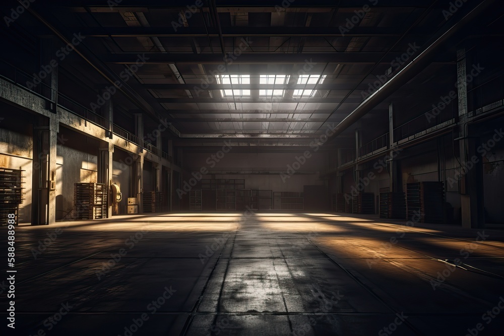 Three dimensional render of dark empty warehouse. AI generated