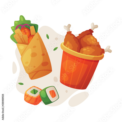 Fast Food Lunch with Cooked Sandwich Wrap, Fried Chicken Legs and Maki Vector Composition