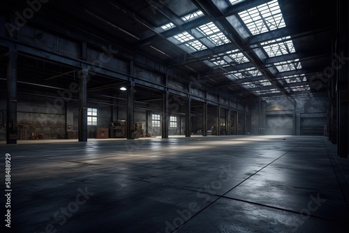 Three dimensional render of dark empty warehouse. AI generated