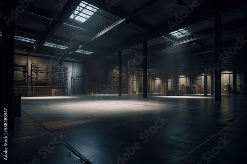 Three dimensional render of dark empty warehouse. AI generated