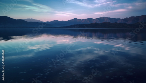 Majestic mountain range reflects tranquil dusk sky generated by AI