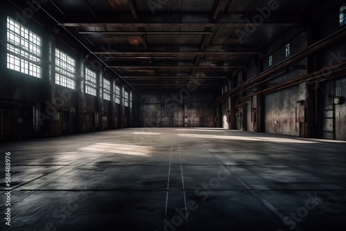 Three dimensional render of dark empty warehouse. AI generated