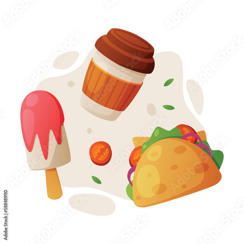 Fast Food Lunch with Cooked Tortilla, Ice Cream and Coffee Vector Composition
