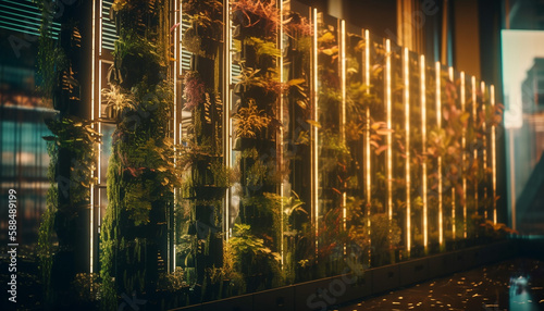 Glowing architecture reflects in nature illuminated patterns generated by AI