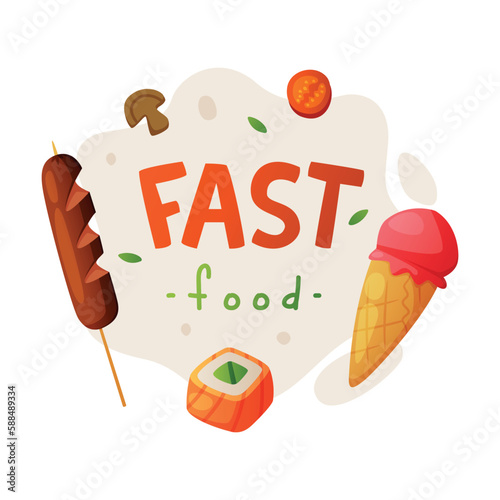 Fast Food with Skewered Grilled Sausage, Ice Cream in Waffle Cone and Maki Vector Composition