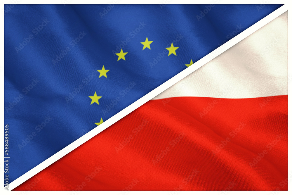 Close-up of European and Polish flags Close-up of European and Polish flags