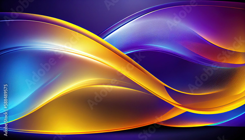 Abstract Shiny neon glass translucent wavy composition with gradient transition, yellow blue elegant clean background - generative AI.