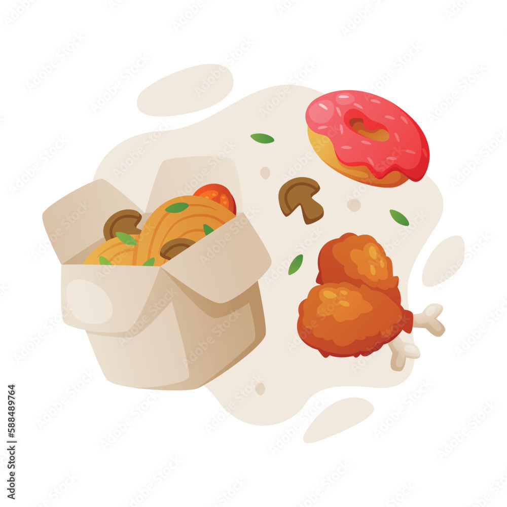 Fast Food Lunch with Cooked Chinese Noodles, Fried Chicken Leg and Donut Vector Composition Fast Food Lunch with Cooked Chinese Noodles, Fried Chicken Leg and Donut Vector Composition