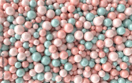 Abstract 3d rendering geometric background with pink, green pearl spheres, beads