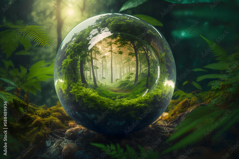  a glass globe sitting in the middle of a lush green forest HD, realistic