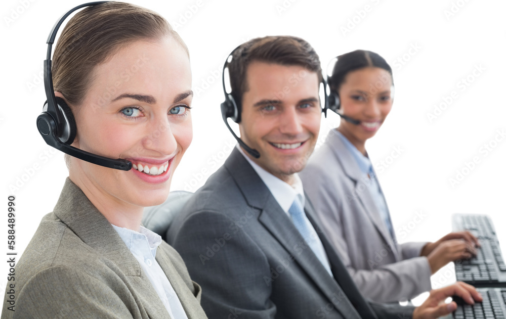 Business people with headsets using computers Business people with headsets using computers