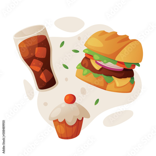 Fast Food Lunch with Cooked Hamburger, Cupcake and Glass with Cold Coke Vector Composition