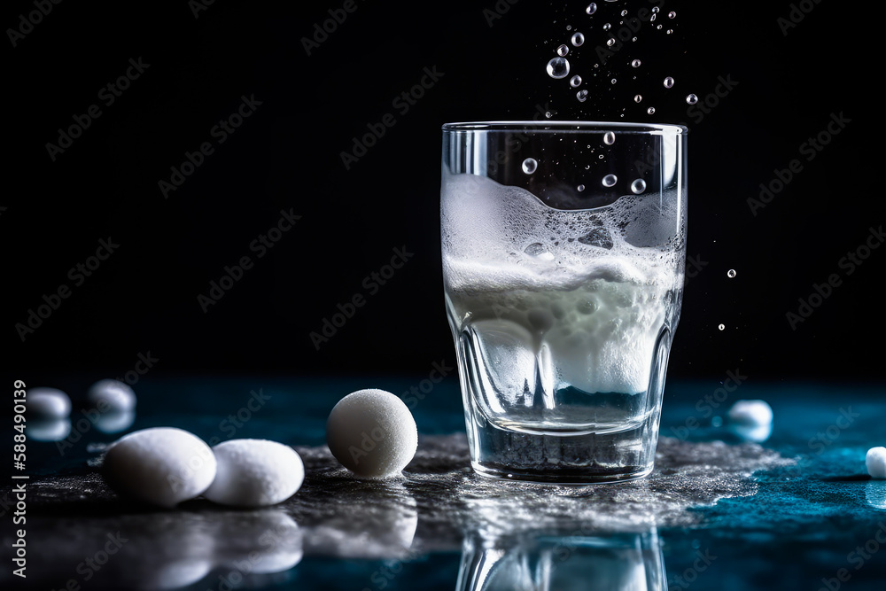 Recovering from a hangover and nursing a headache with aspirin concept with effervescent