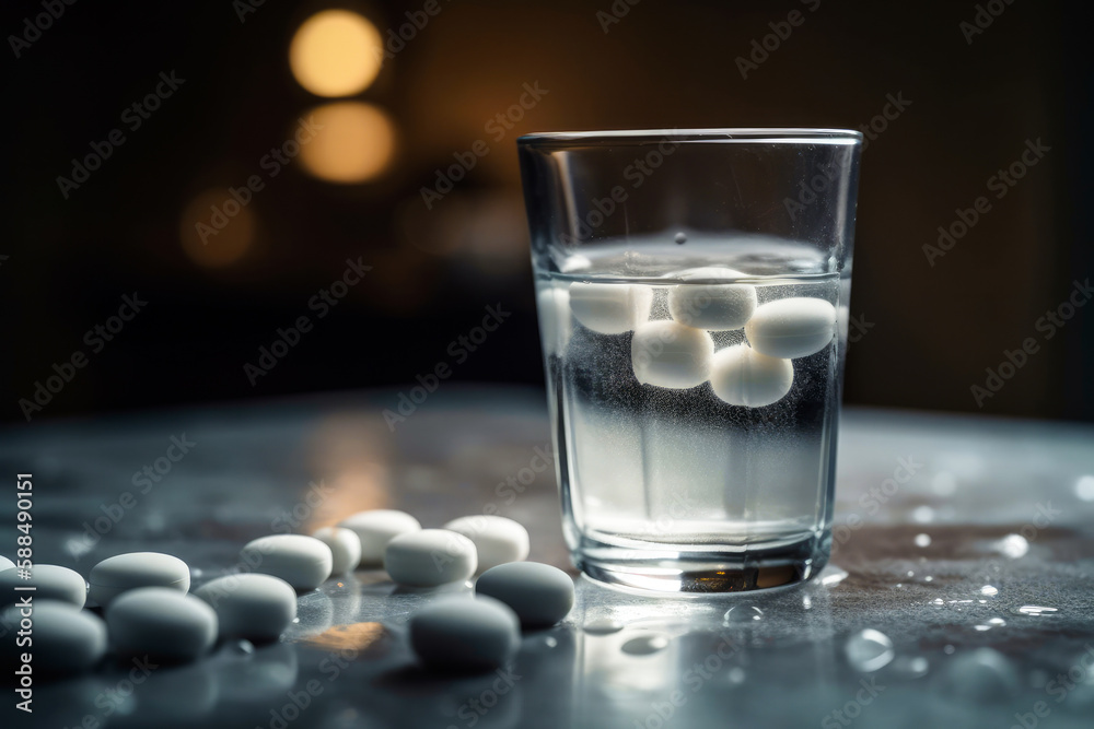 Recovering from a hangover and nursing a headache with aspirin concept with effervescent