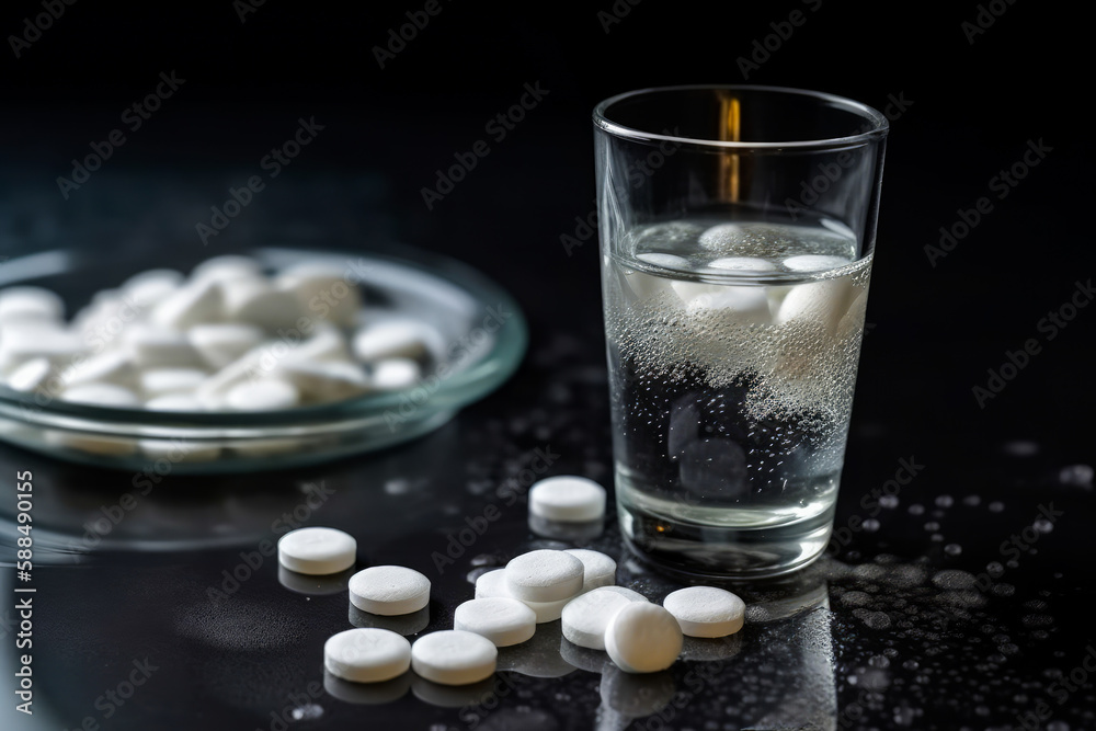 Recovering from a hangover and nursing a headache with aspirin concept with effervescent
