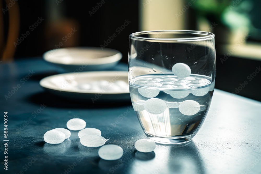 Recovering from a hangover and nursing a headache with aspirin concept with effervescent