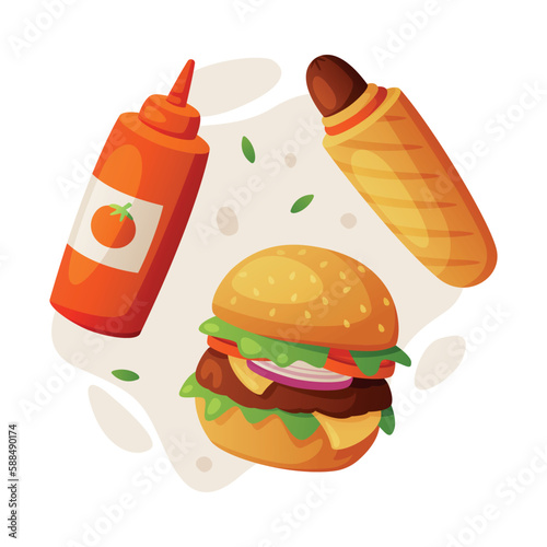 Fast Food Lunch with Cooked Hamburger, Hot Dog and Ketchup Sauce Vector Composition