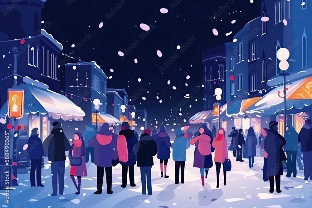 Nightlife street big crowd of people celebrate in snow season. Generative AI