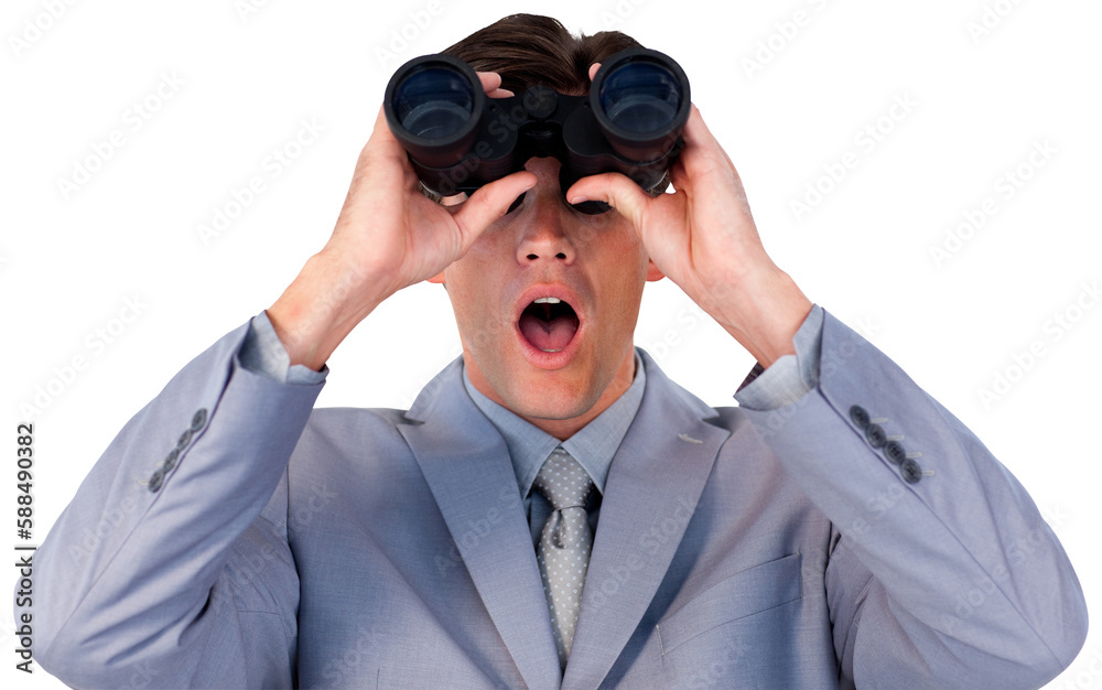 Suprised businessman looking through binoculars Suprised businessman looking through binoculars