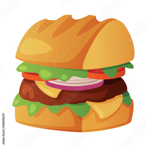 Hamburger with Cheese, Tomato and Ground Meat as Fast Food Lunch Vector Illustration
