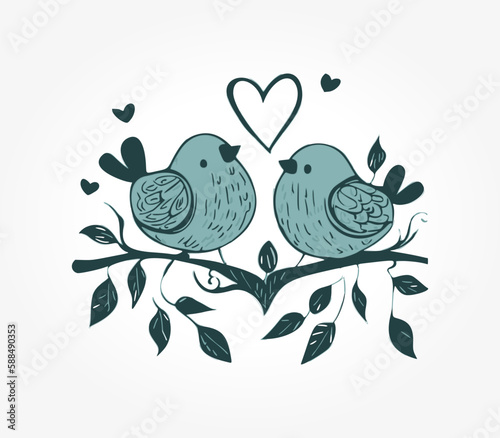 Simplistic colored hand-drawn love birds on a branch with hearts. Perfect for wedding invitations and romantic designs