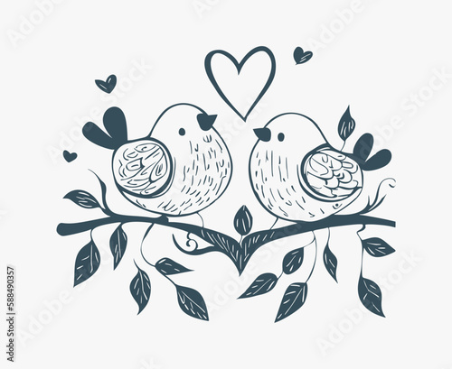 Simplistic hand-drawn love birds on a branch with hearts. Perfect for wedding invitations and romantic designs