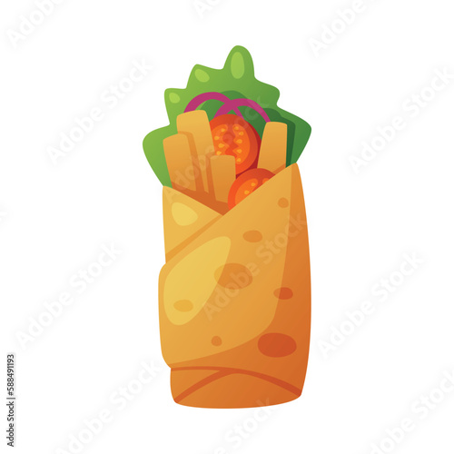 Sandwich Wrap or Roll with Chicken Strips and Lettuce as Fast Food Lunch Vector Illustration