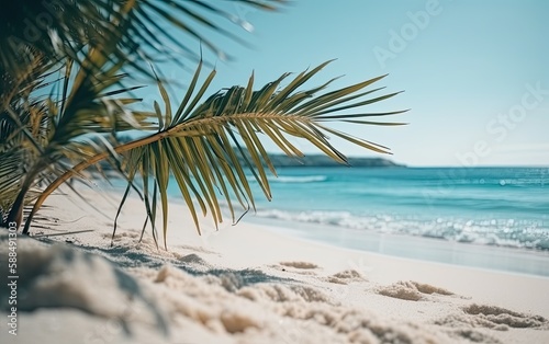 Coast view with blue ocean or sea  white sand and palm tree Generative AI