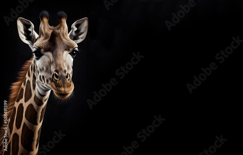 Portrait of a giraffe on a black background with copy-space. Generated AI