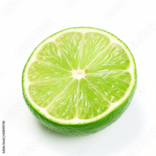 This is a fresh and fragrant half of green lime with a smooth peel, located on a white background. You can notice a lot of small details, such as the texture of the peel, small droplets of juice and a