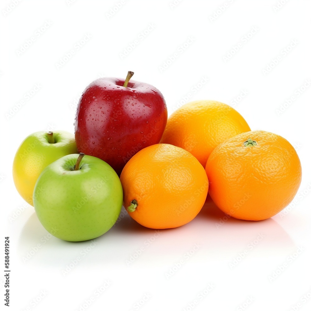 These are fresh and appetizing fruits - red and green apples, as well as oranges, located on a white background. You can notice a lot of small details, such as the textures of the peel, bright colors These are fresh and appetizing fruits - red and green apples, as well as oranges, located on a white background. You can notice a lot of small details, such as the textures of the peel, bright colors
