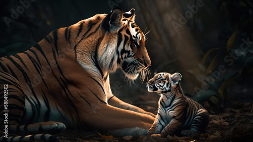 wildlife, a tiger with a cub.