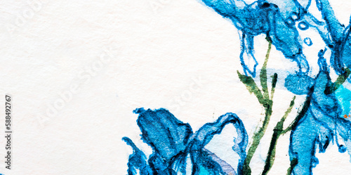 Wild blue fowers closeup, watercolor on white background. photo