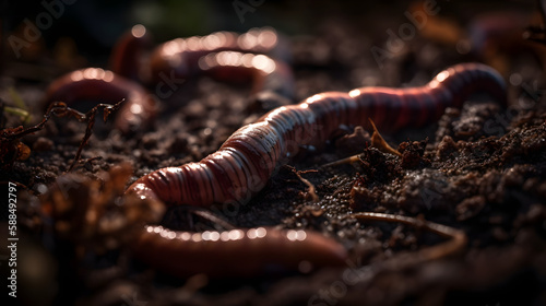 Earthworm, macro illustration. Generative AI © PIRMYN