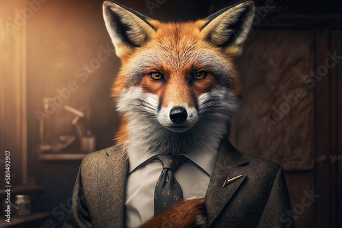 Portrait of a fox in a business suit, in the office. Metaphor, the boss or the employee is a fox. Generative AI