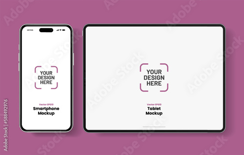 Modern laptop mockup front view and high quality smartphone and tablet mockup isolated on white background. Notebook mockup and phone device mockup for ui ux app and website presentation.Stock Vector.