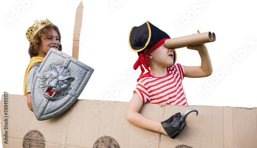 Happy friends with artificial cardboard ship