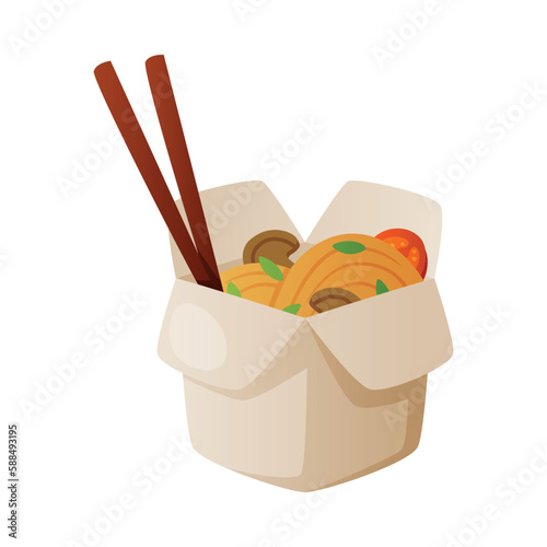 Chinese Wok Noodles in Carton with Chopsticks as Fast Food Lunch Vector Illustration