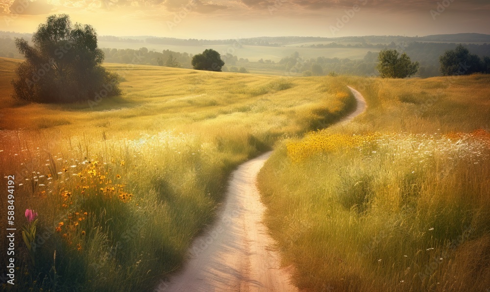Fototapeta premium a dirt road in a grassy field with trees in the background. generative ai