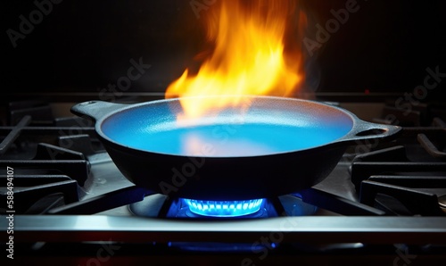  a pan on a stove with a blue flame coming out of it. generative ai