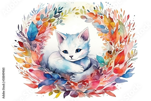 Cute kitten in a dreaming beautiful and colorful forest, in a circle, watercolor kawaii style, white background