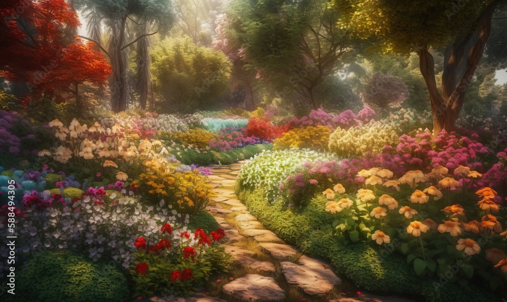  a painting of a pathway through a garden of colorful flowers.  generative ai