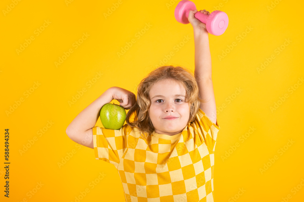 Child workout. Kid sport. Child exercising with dumbbells. Sporty child with dumbbell. Child workout. Kid sport. Child exercising with dumbbells. Sporty child with dumbbell.