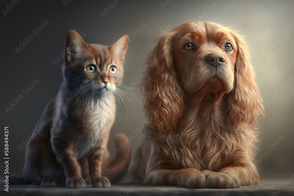 Dog and cat illustration. Dog and kitten concept image. Made with Generative AI