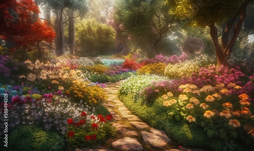  a painting of a pathway through a garden of colorful flowers.  generative ai © Olga