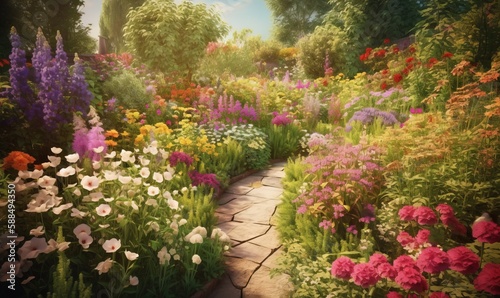  a painting of a garden with flowers and a stone path. generative ai