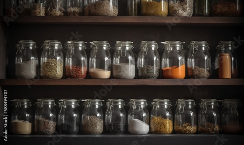  a shelf filled with glass jars filled with different types of spices. generative ai